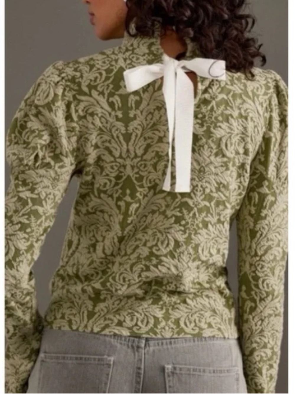 Anthropologie Olive Green Jacquard Puff-Sleeve Turtleneck Top Sz XL - Picture 11 of 11